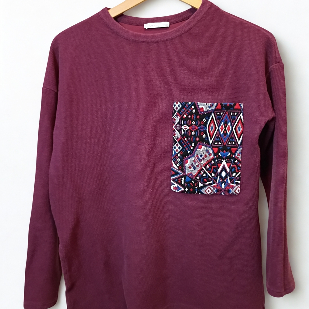 Zara Trafaluc Pocket Design Shirt Womens M Maroon Burgundy Long Sleeve Top Knit